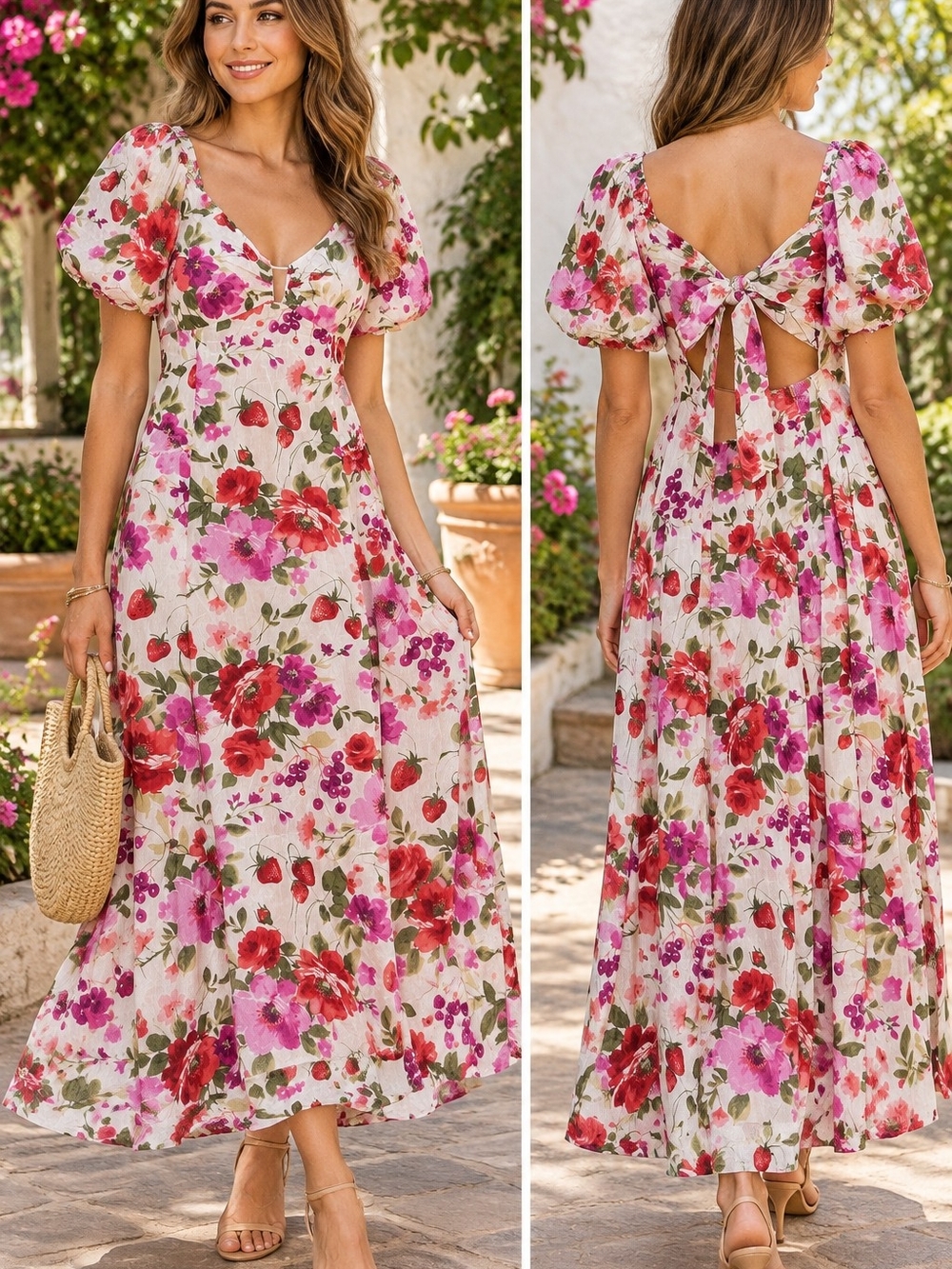 Abercrombie & Fitch Hardware Drama Puff Sleeve Maxi Dress Sz XL White/Pink Fruit